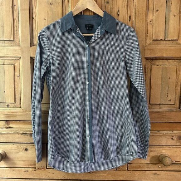 Theory Womens Size Small Blue‎ White Gingham Button Front Shirt Blouse Collared - Picture 1 of 9
